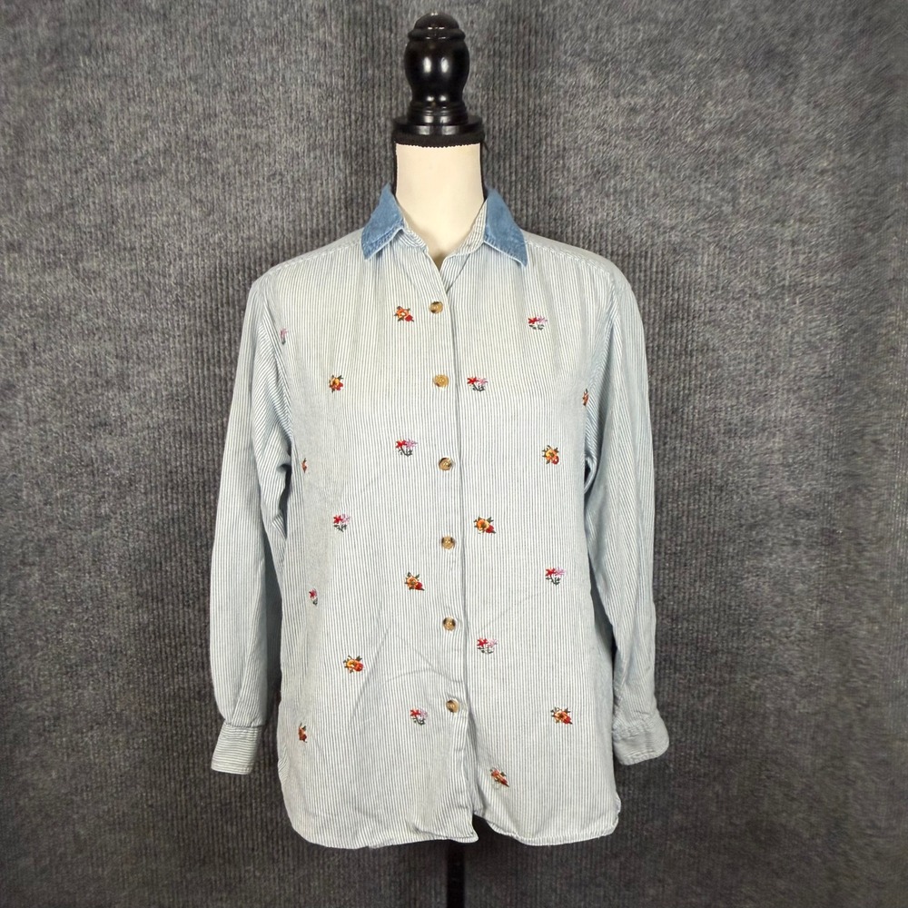 Vintage Ditsy Floral Pinstripe Denim Collar Button Up Shirt Womens M Cottagecore